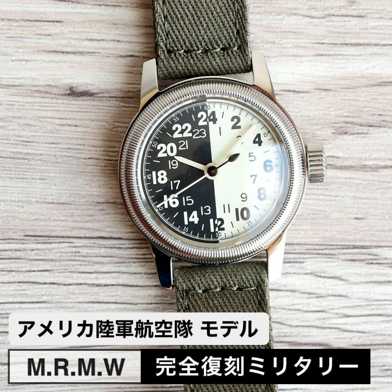 M.R.M.W ミリタリーウォッチ 腕時計 米国陸軍航空隊 パイロットウォッチ TYPE A-17A 24時間 ナイト＆デイ コットンチノクロス 布製 ストラップ モントルロロイ