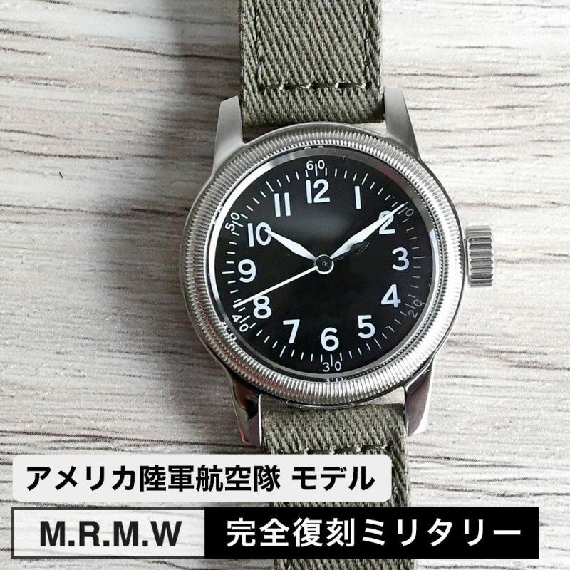 M.R.M.W ミリタリーウォッチ 腕時計 米国陸軍航空隊 パイロットウォッチ TYPE A-11 12H 黒文字盤 ブラック コットンチノクロス  布製 ストラップ モントルロロイ