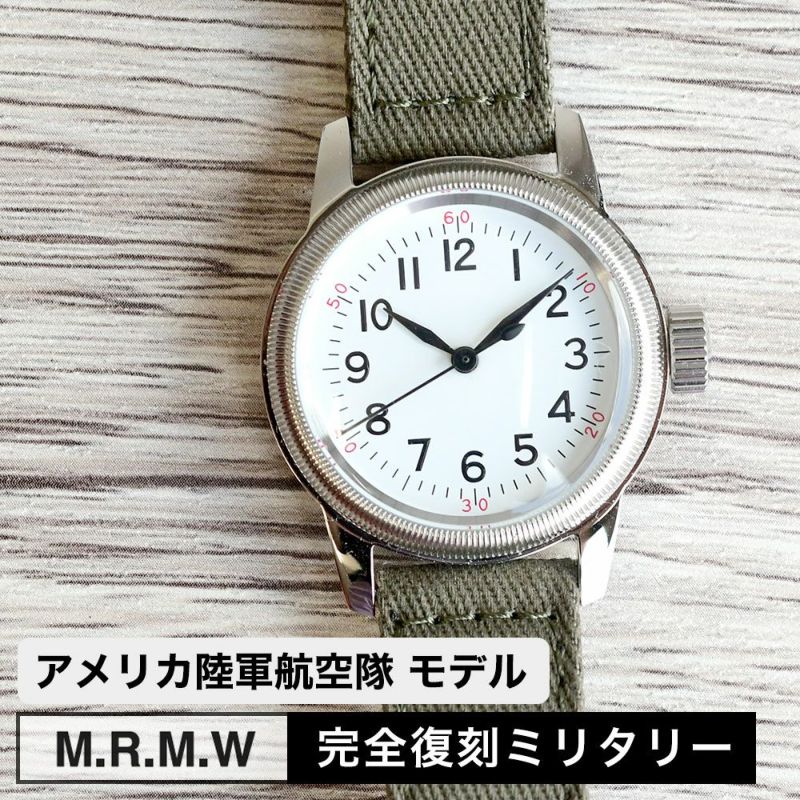 M.R.M.W ミリタリーウォッチ 腕時計 米国陸軍航空隊 パイロットウォッチ TYPE A-11 12H 白文字盤 ブラック コットンチノクロス 布製 ストラップ モントルロロイ